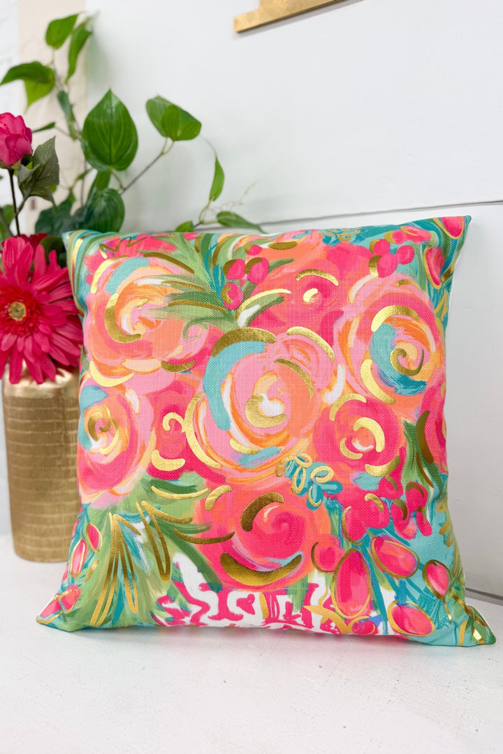 Polyester throw pillow with gold foil tropical chinoiserie blooms