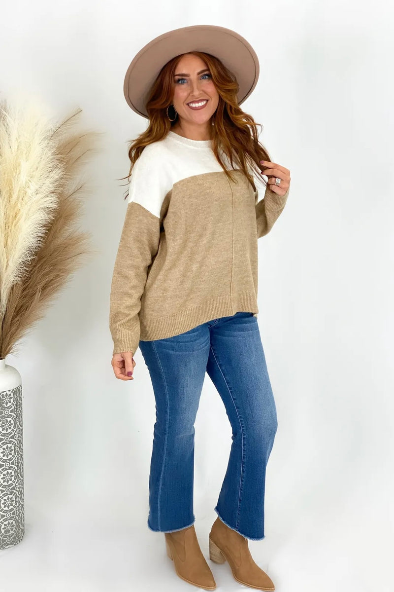 Khaki Contrast Long Sleeve Knit Sweater