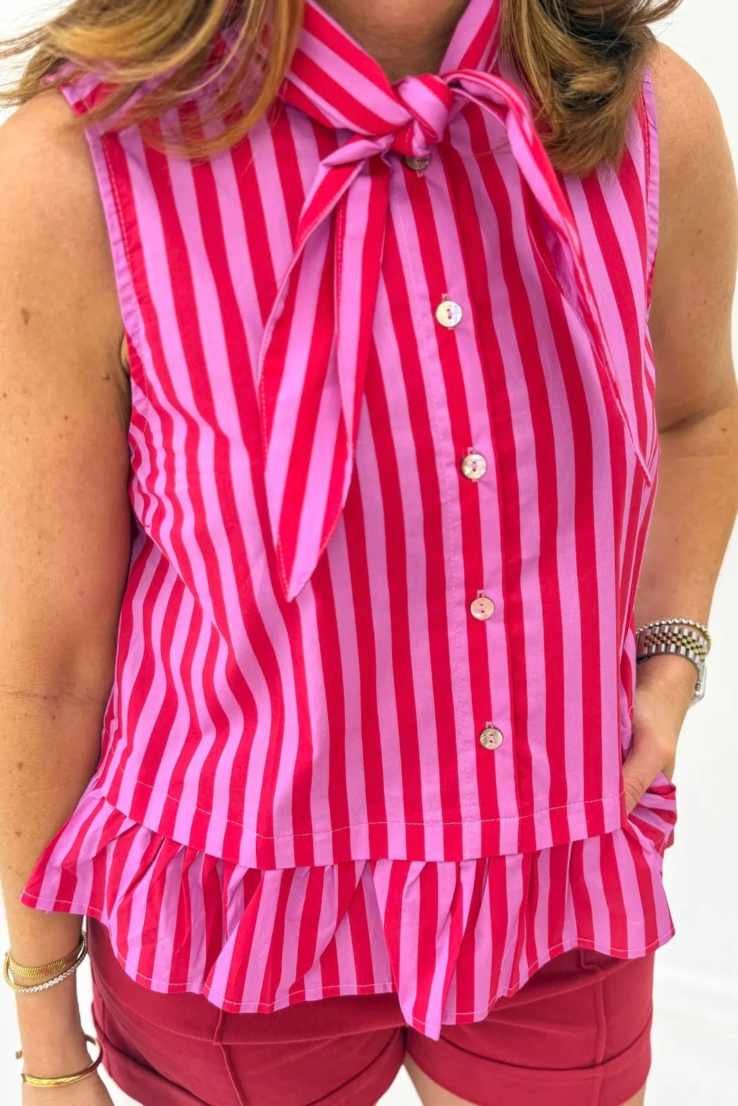 Red and Pink Sleeveless Ruffle Hem Top - Lavish Boutique Tops