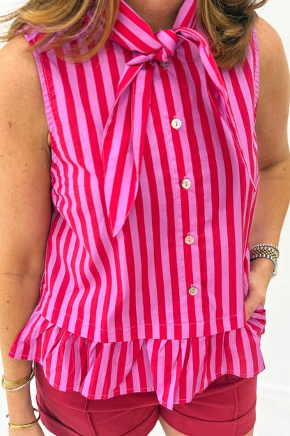 Red and Pink Sleeveless Ruffle Hem Top - Lavish Boutique Tops