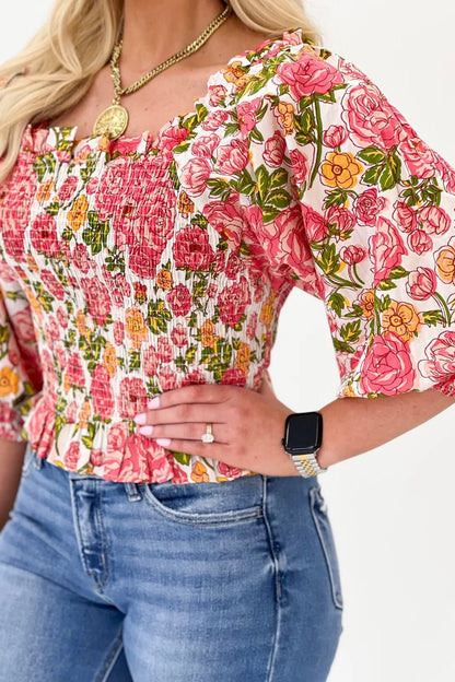 Red Multi Floral Smocked Puff Sleeve Top - Lavish Boutique Tops