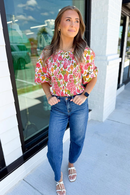Red Multi Floral Smocked Puff Sleeve Top - Lavish Boutique Tops