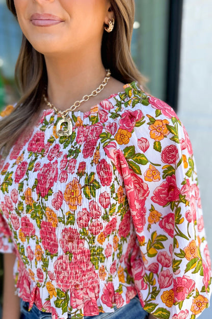 Red Multi Floral Smocked Puff Sleeve Top - Lavish Boutique Tops