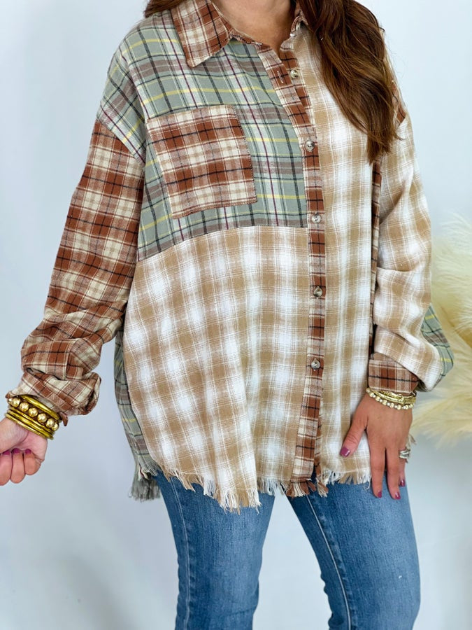 Sage and Rust Mixed Plaid Top