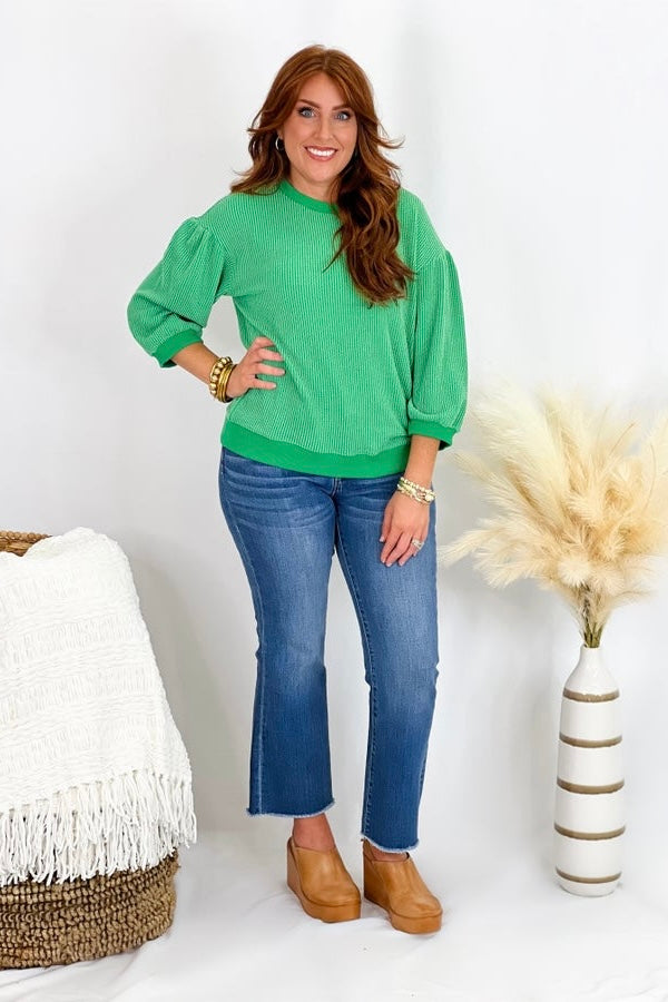 Kelly Green Ribbed Puff Sleeve Top