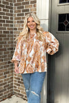 Cream and Brown Floral Print Peasant Top