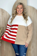 Red Color Block Striped Long Sleeve Knit Sweater