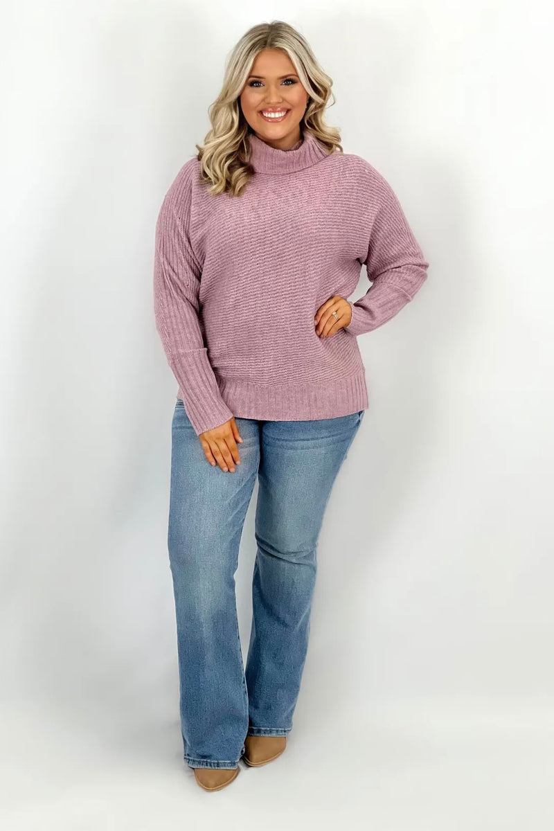 Pink Ribbed Turtleneck Pullover Sweater