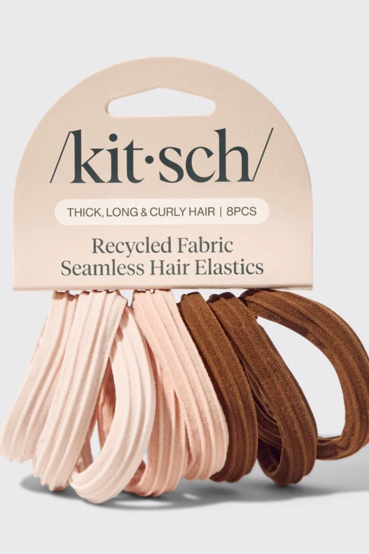 Eight seamless hair elastics in rosewood tones