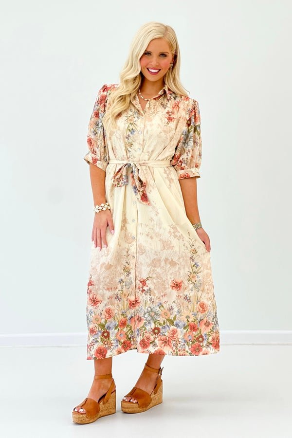 Rosey botanical print midi dress with puff sleeves and a tie belt