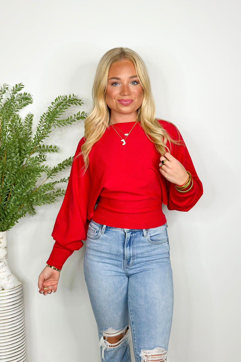 True Red Boatneck Long Sleeve Top