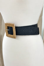 Black Square Buckle Straw Belt