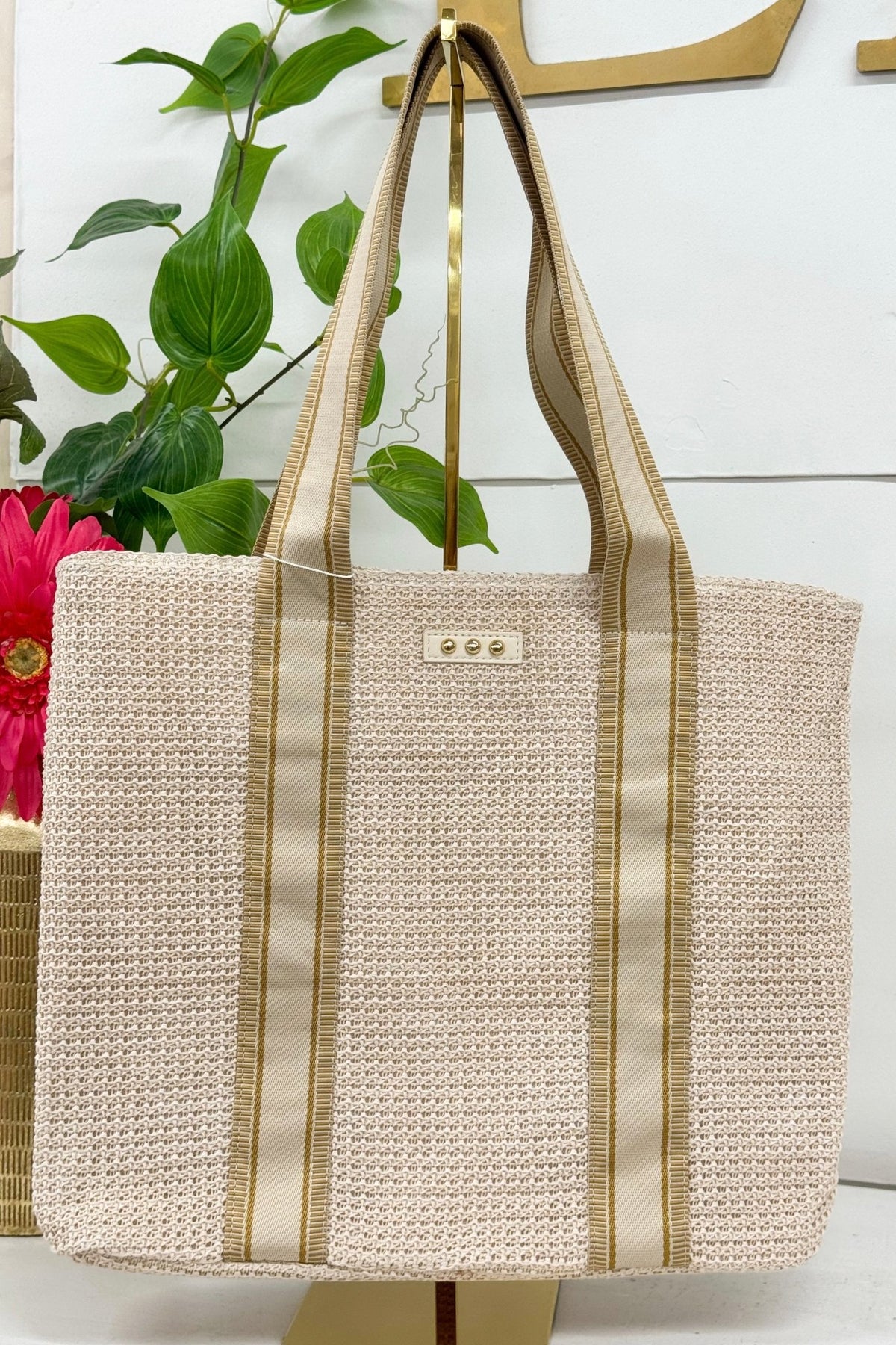 Woven cream raffia tote with shoulder handles