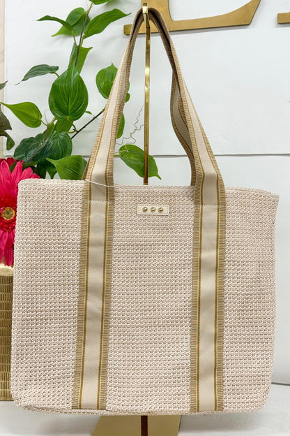 Woven cream raffia tote with shoulder handles