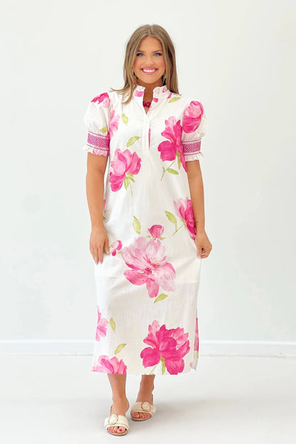 Printed dress with puff sleeves in breathable cotton