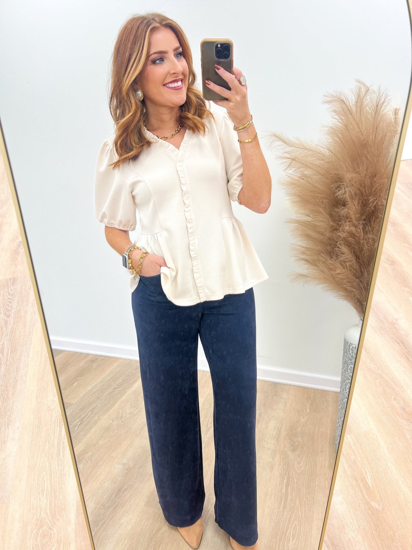 Ruffle Neck Short Sleeve Top - Lavish Boutique01-TOPS