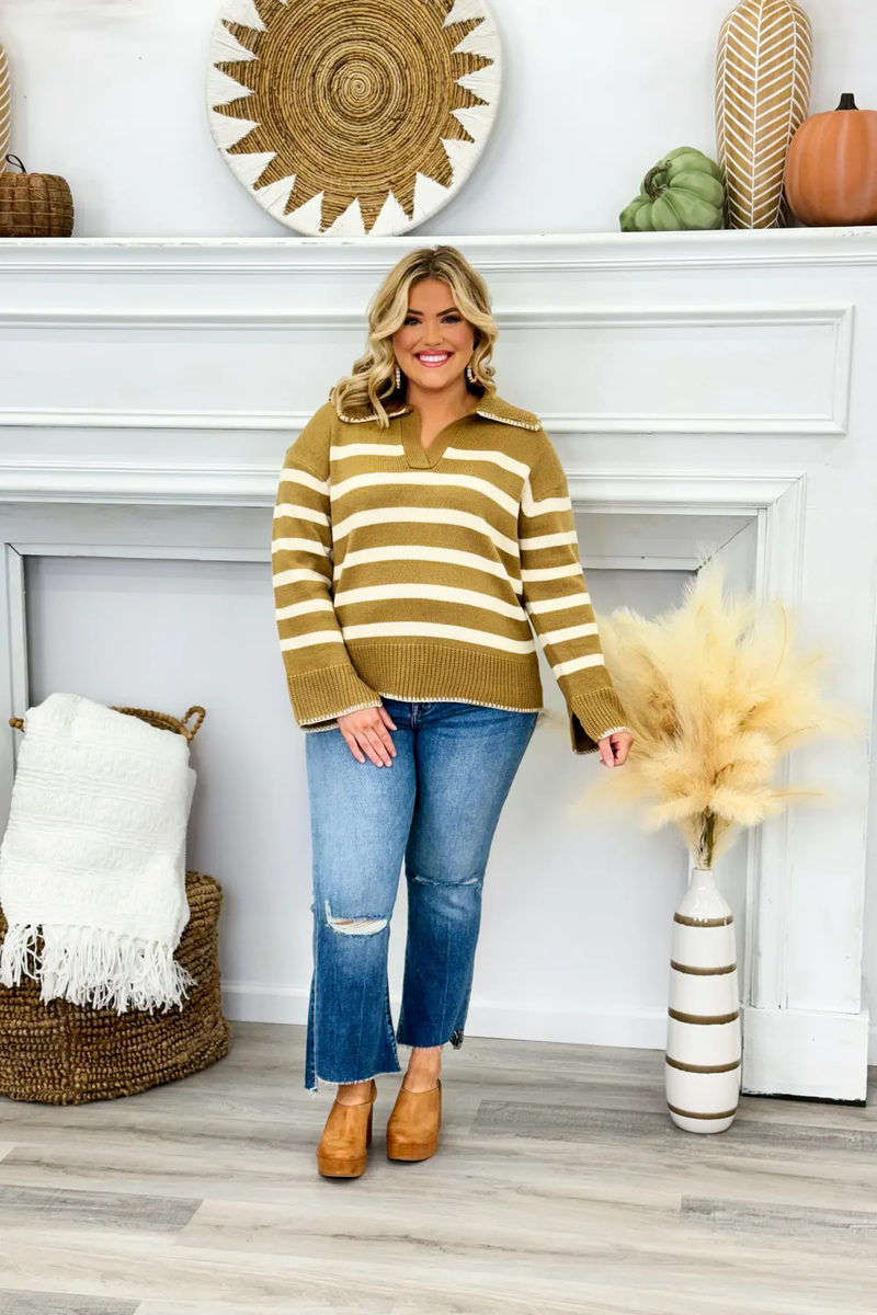 Camel and Ivory Collar Knit Stripe Sweater