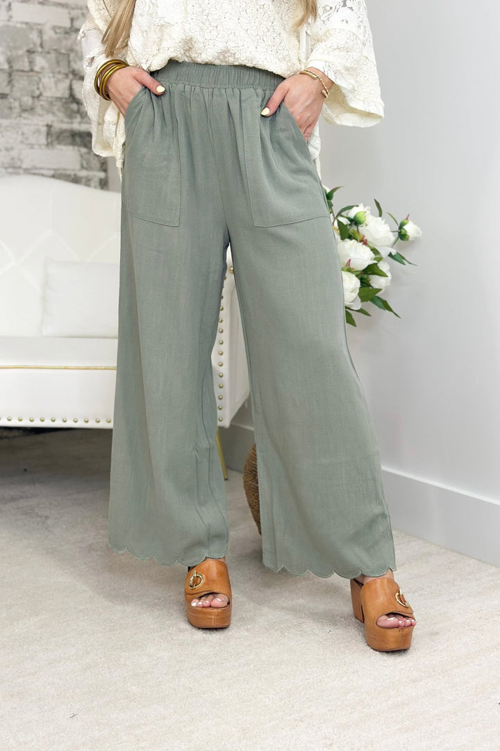 Sage Linen Blend Tulip Hem Pant - Lavish Boutique Bottoms