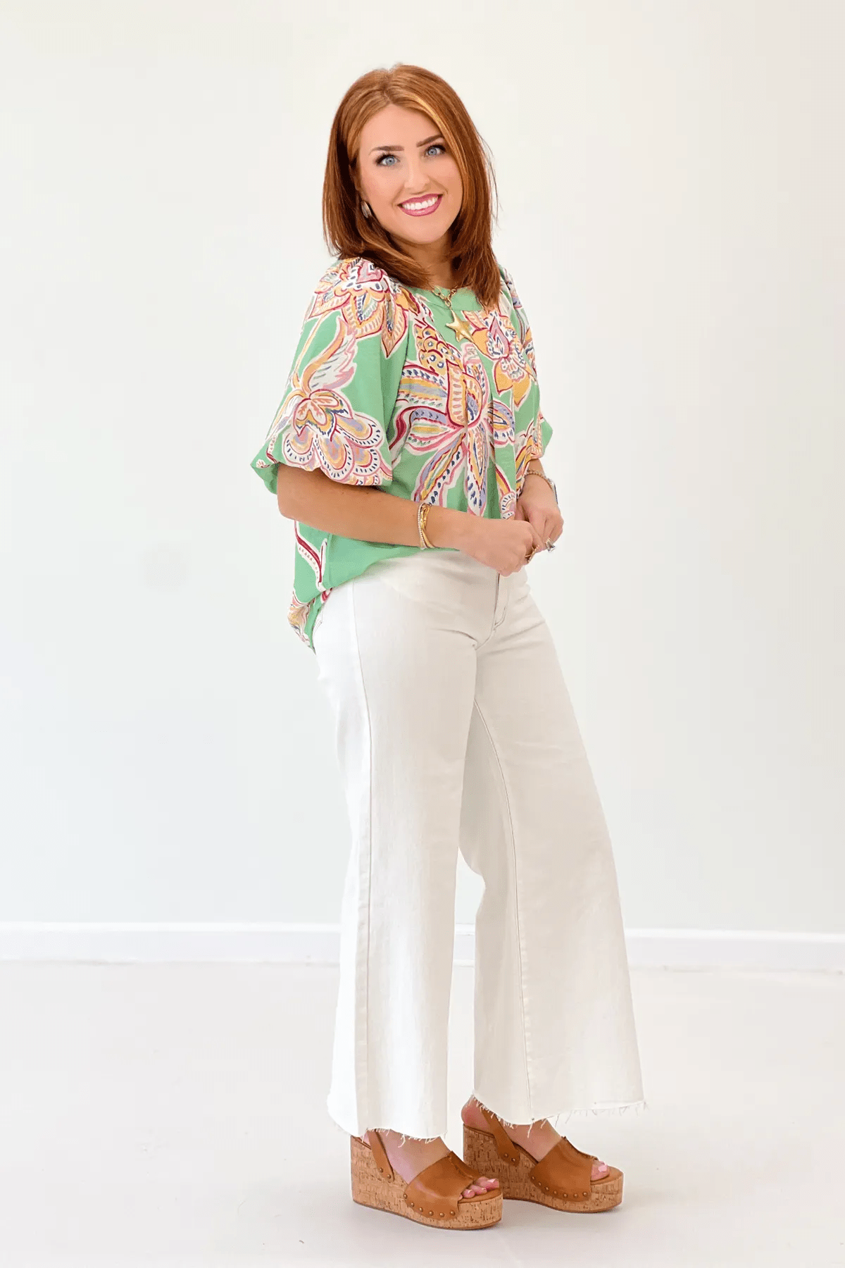 Sage Printed Bubble Sleeve Top - Lavish Boutique Tops