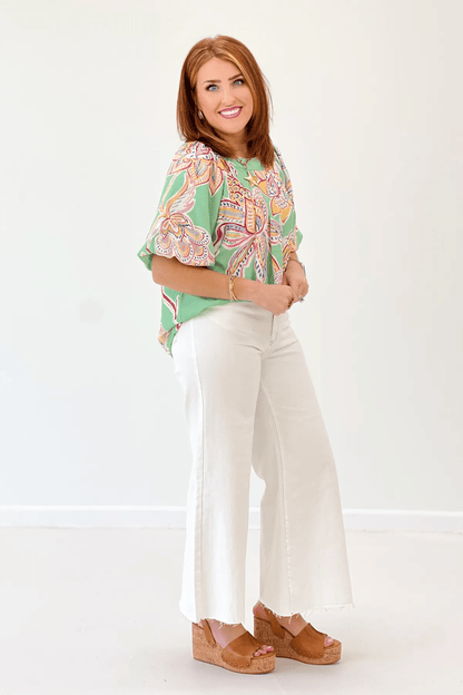 Sage Printed Bubble Sleeve Top - Lavish Boutique Tops