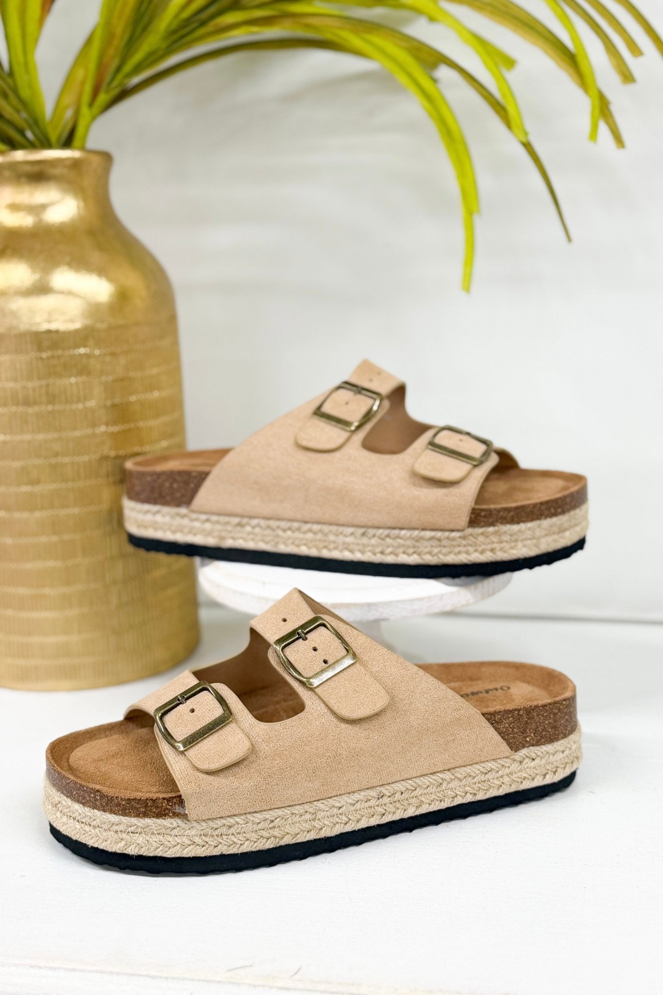 Sand Suede Raffia Slip On Sandal - Lavish Boutique Shoes