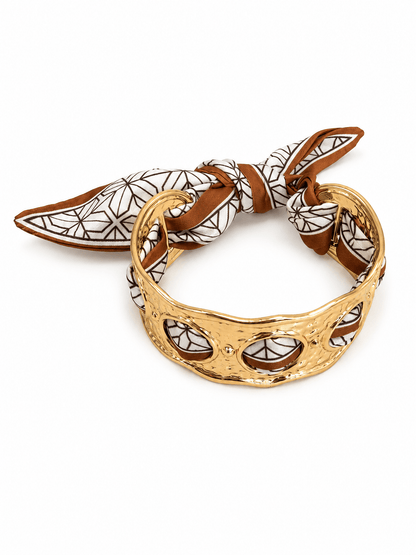 Ivory and tan fabric wrapped wavy cuff bracelet