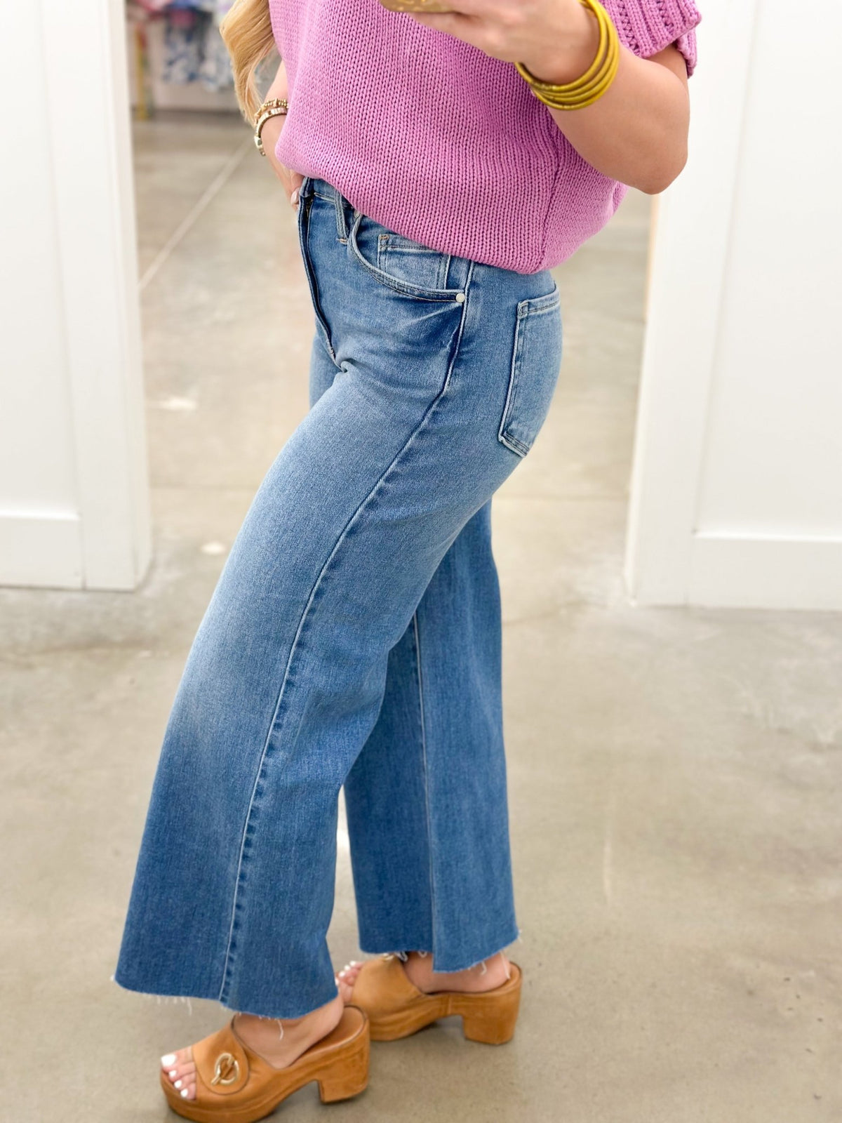 Scissor cut denim with a long wide leg