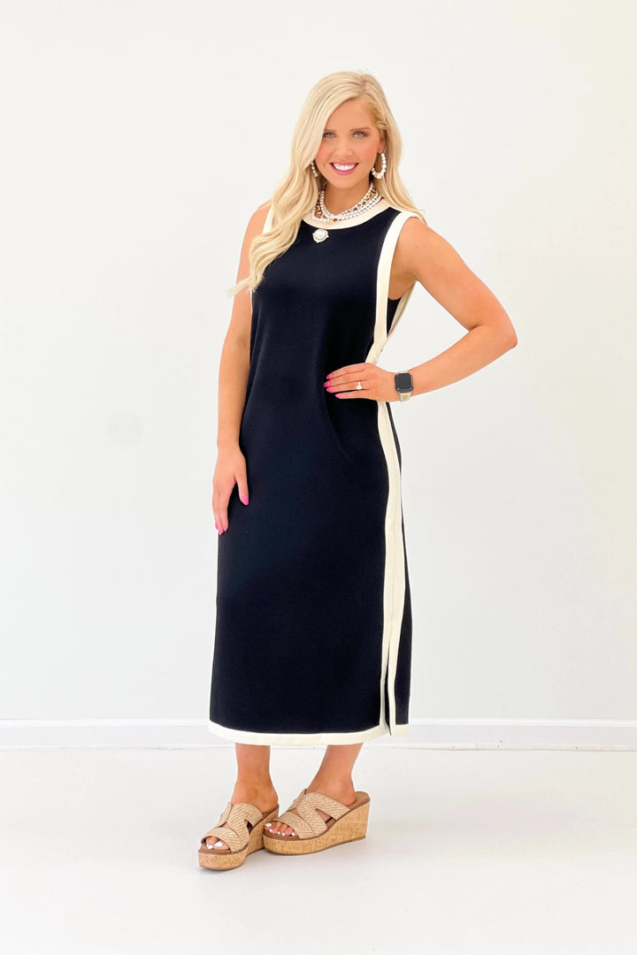 Sleeveless scuba maxi dress with a relaxed drape