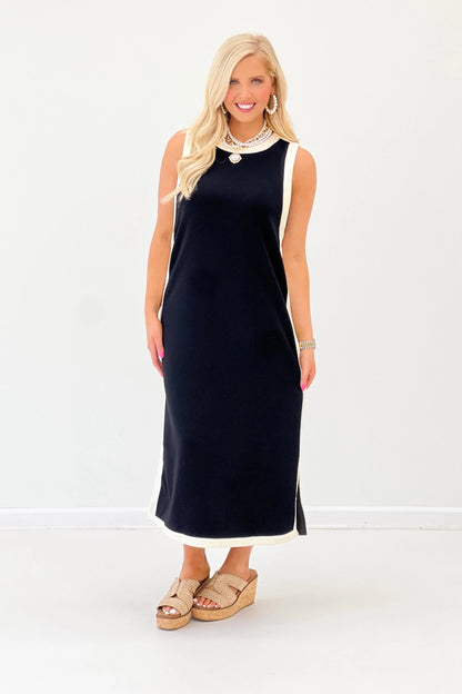 Full length scuba dress with a simple sleeveless neckline