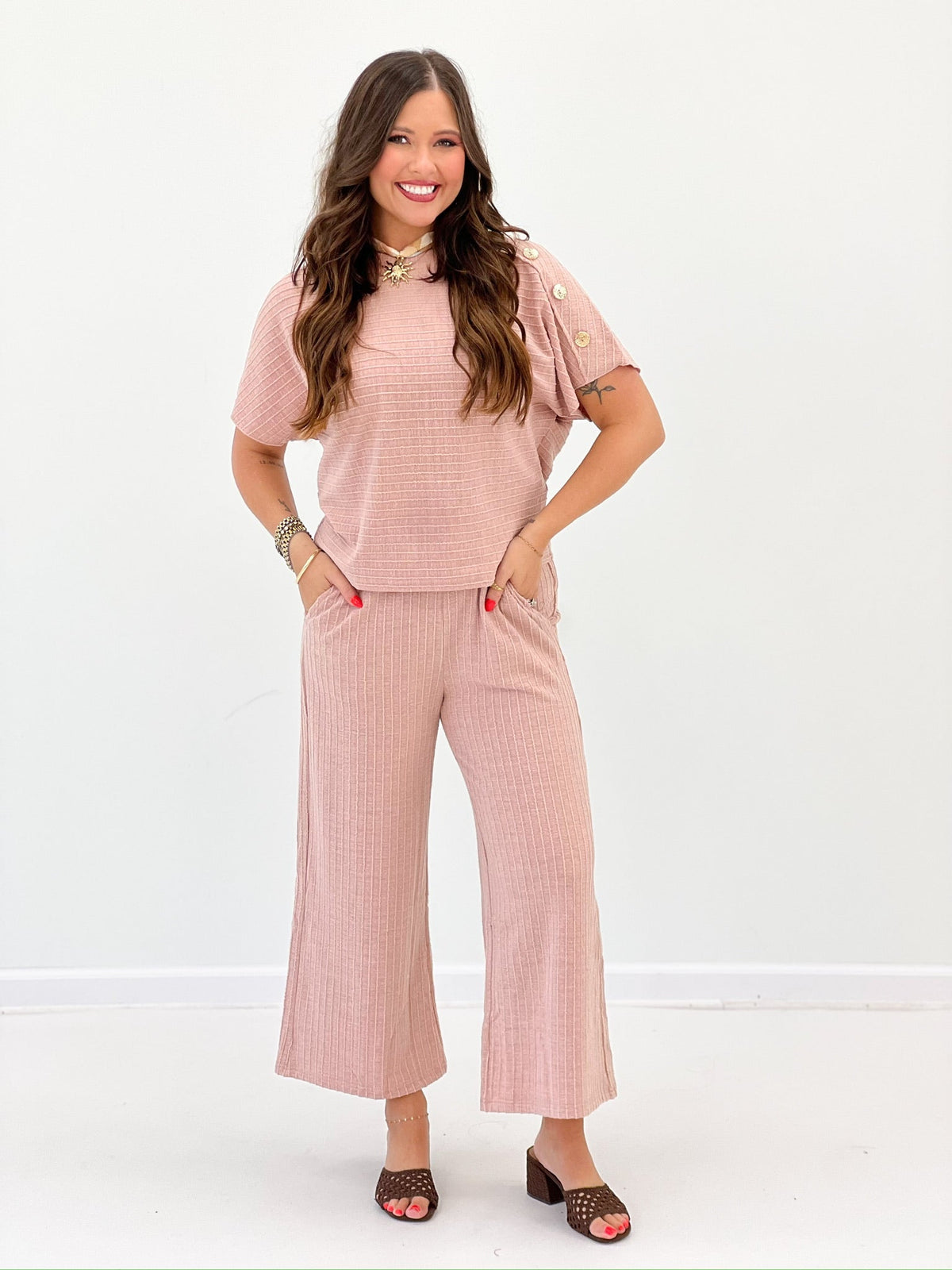 Textured knit set with decorative buttons