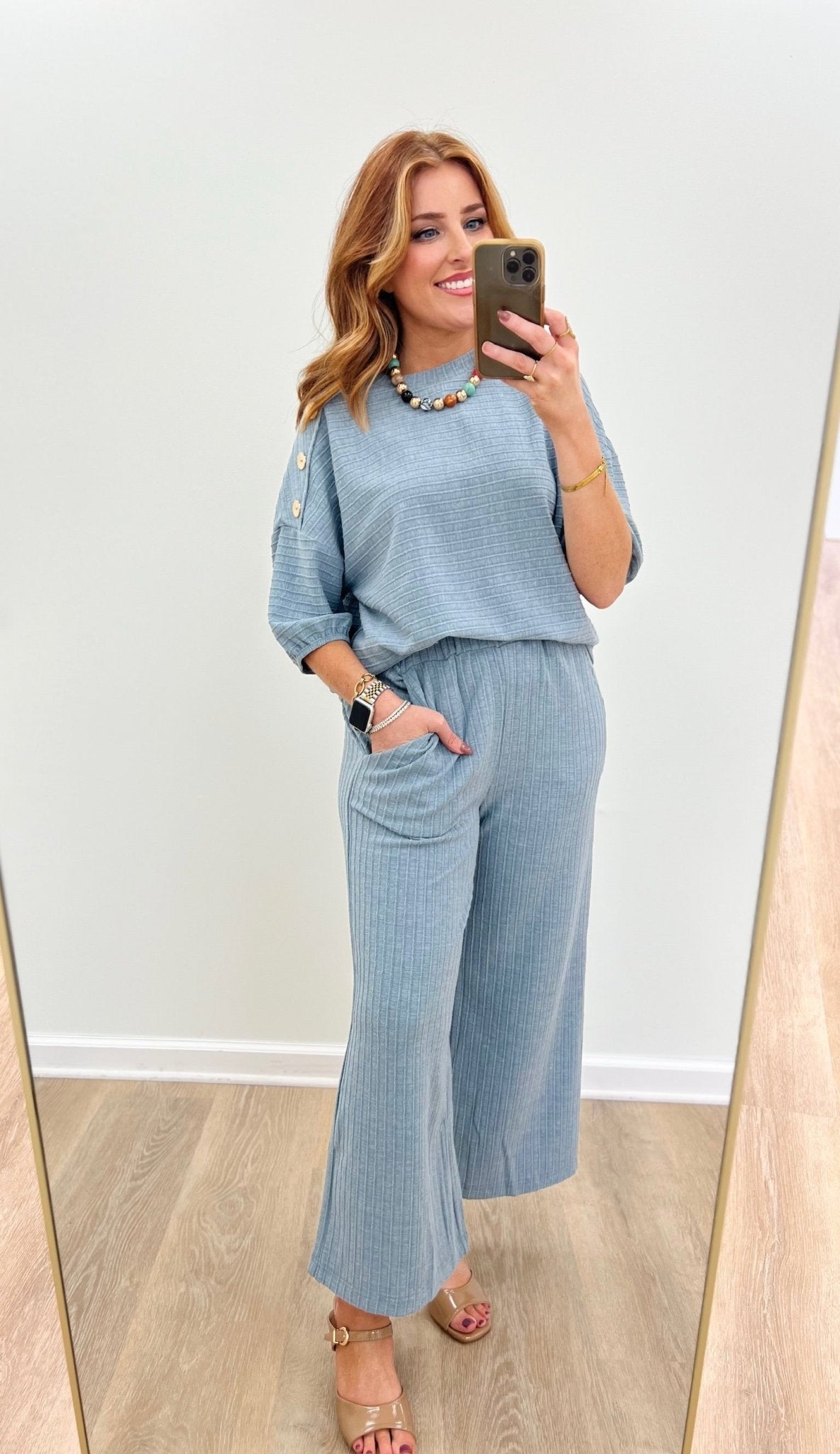 Matching blue top and trouser set