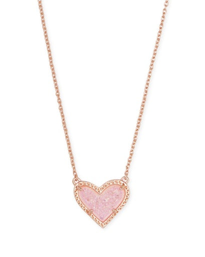 Kendra Scott Ari Heart Short Pendant Necklace Rose Gold Light Pink Drusy