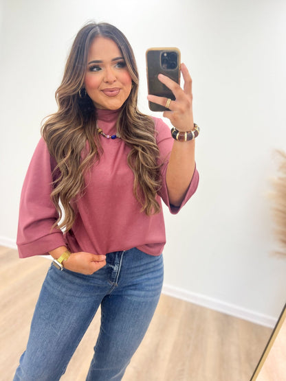 She & Sky 3/4 Sleeve Scuba Mock Neck Top - Lavish Boutique01-TOPS
