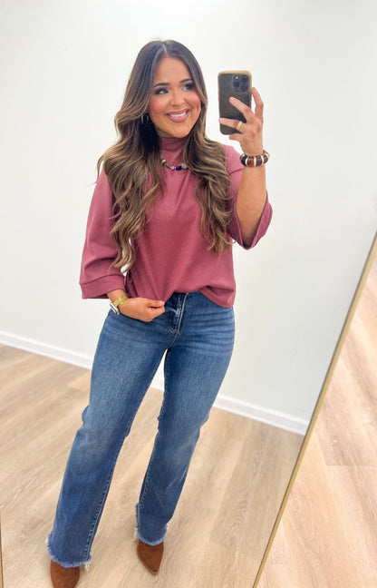 She & Sky 3/4 Sleeve Scuba Mock Neck Top - Lavish Boutique01-TOPS