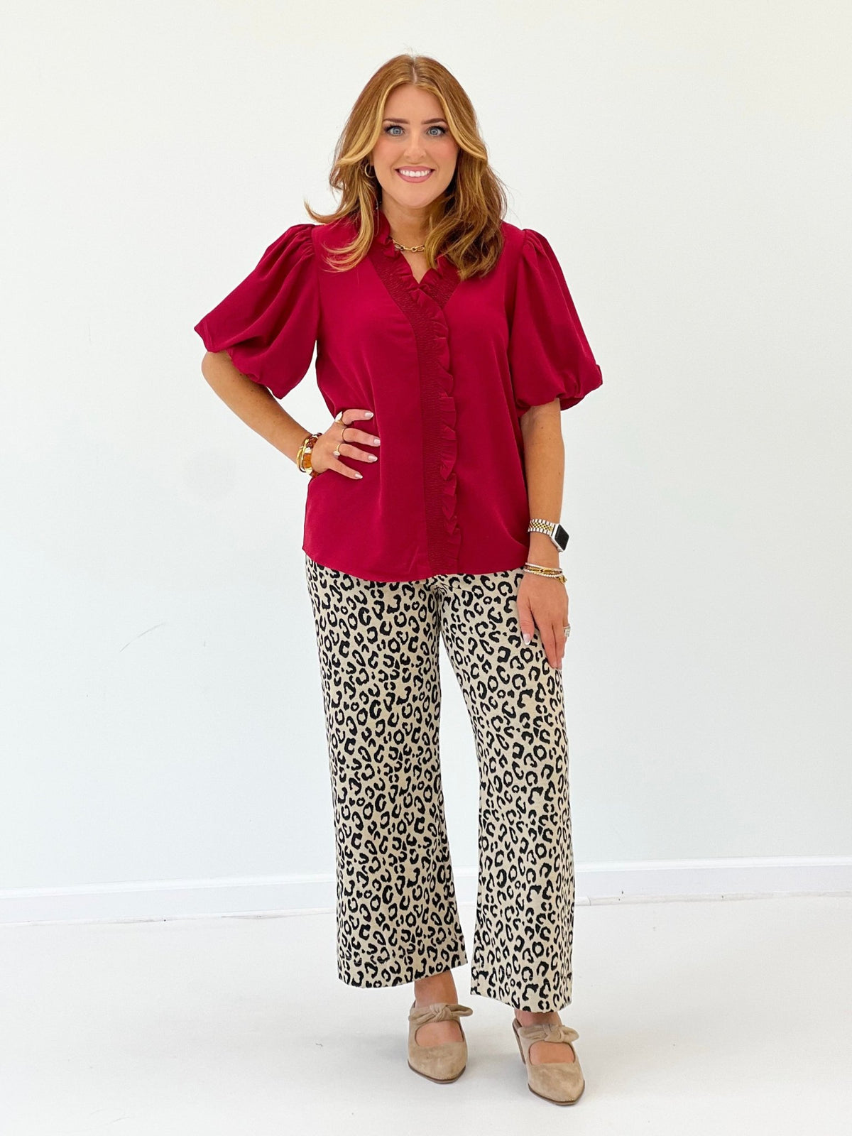 Shirred top with puffed bubble sleeve volume