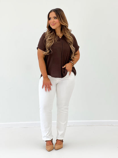 She & Sky Drop Shoulder Collared Top - Lavish Boutique01-TOPS
