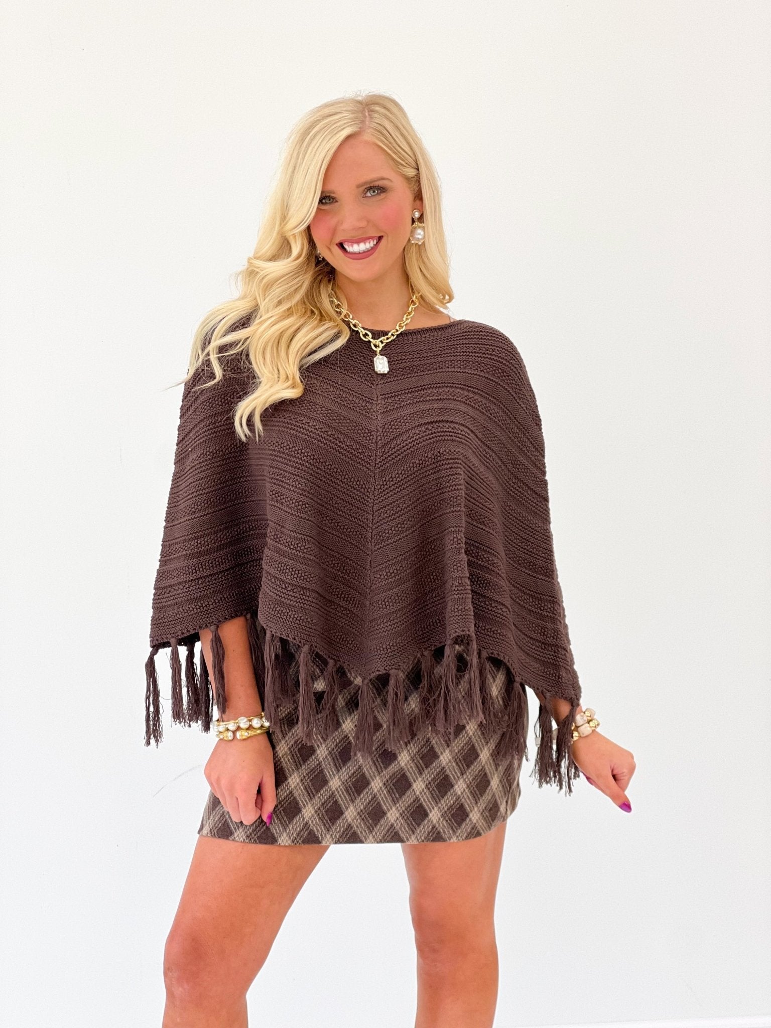 Brown diamond plaid mini skirt, straight hem, front view