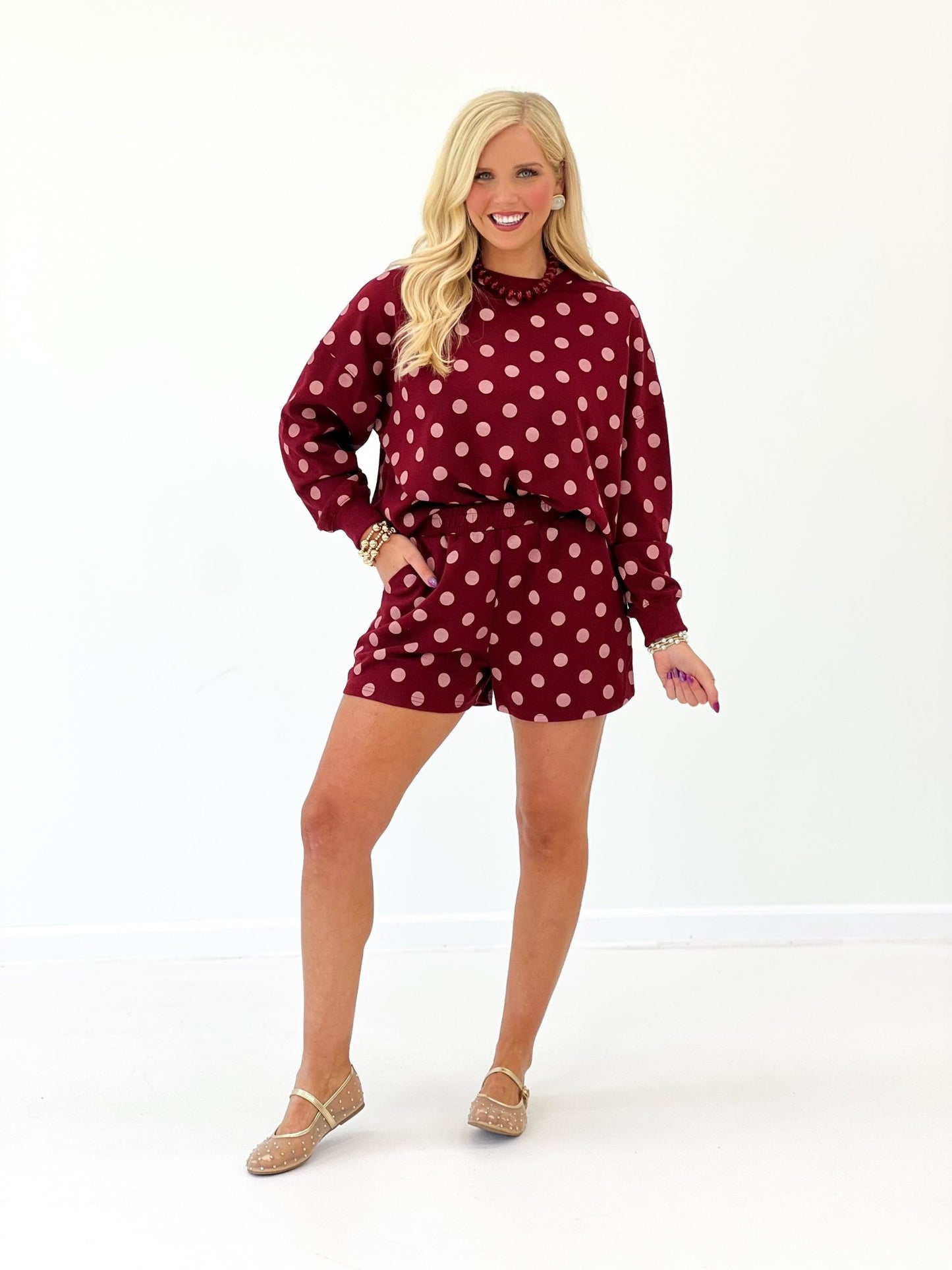 Coordinating polka dot knit top and shorts