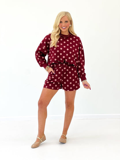 Coordinating polka dot knit top and shorts