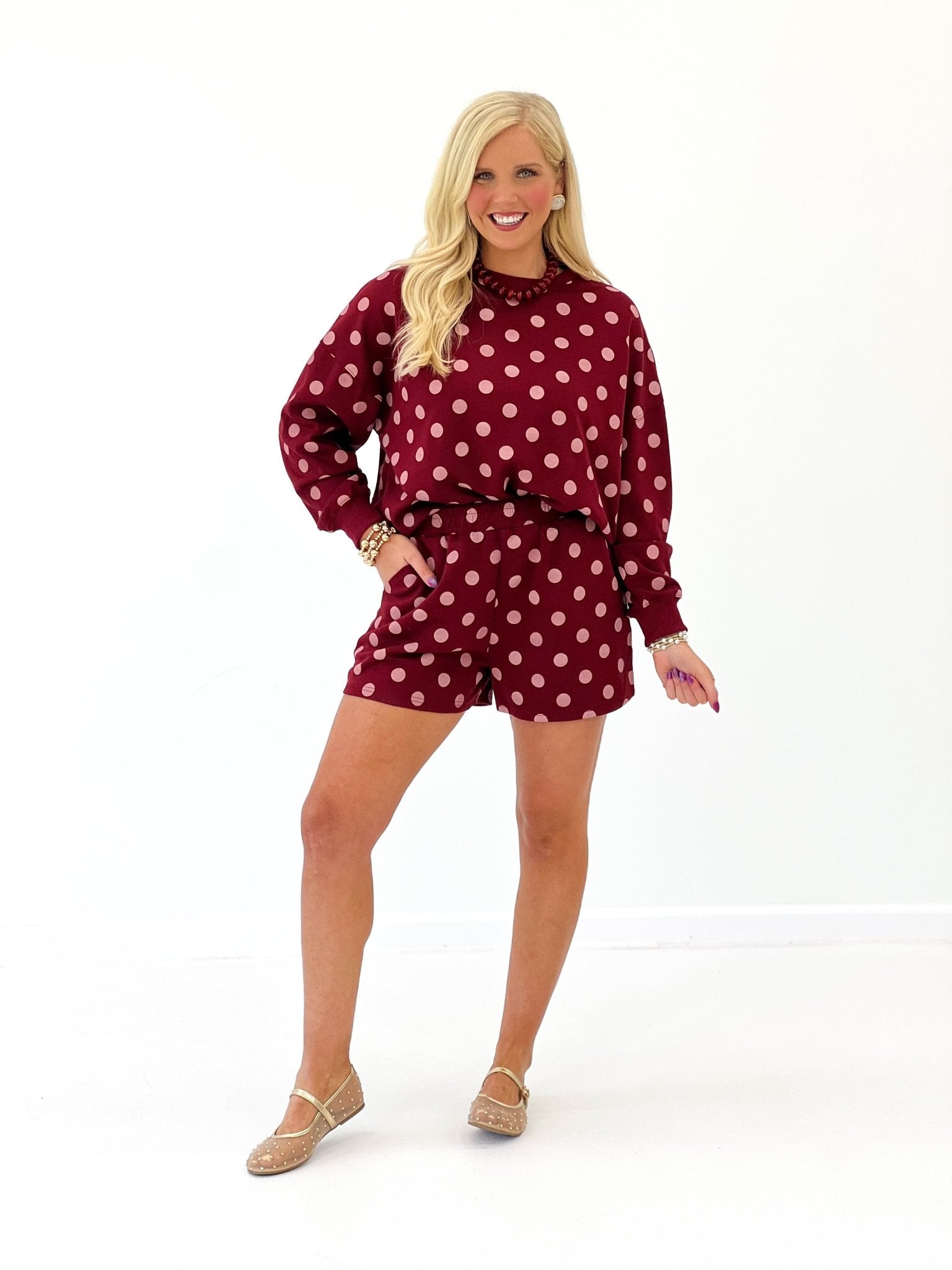 Matching knit shorts from a polka dot set