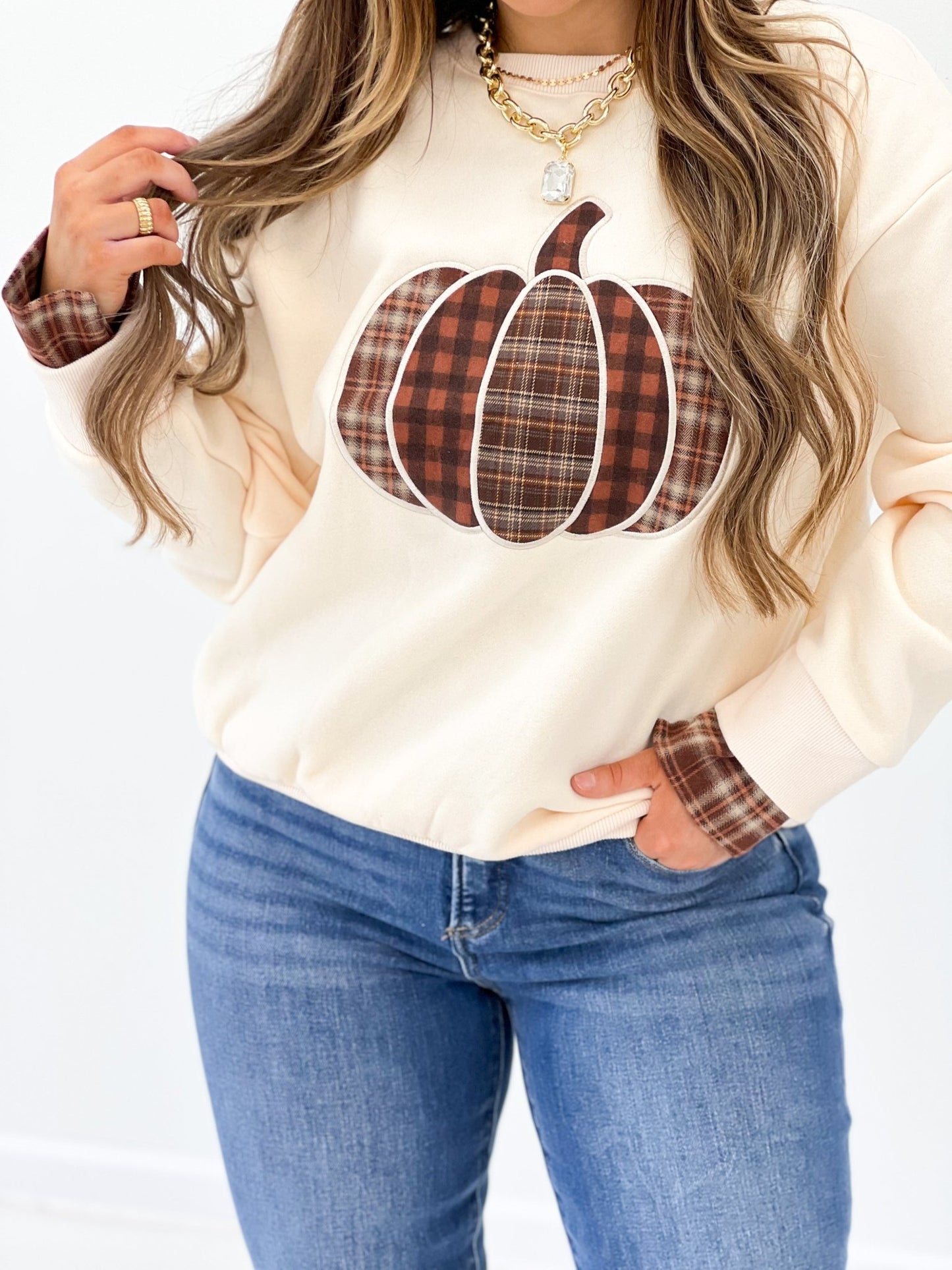 Ecru long sleeve knit with a pumpkin patch motif