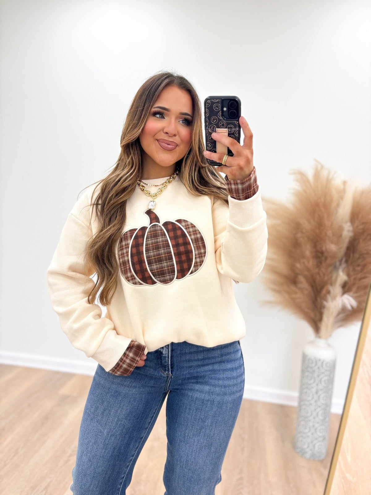 Pumpkin patchwork sweater top in ecru