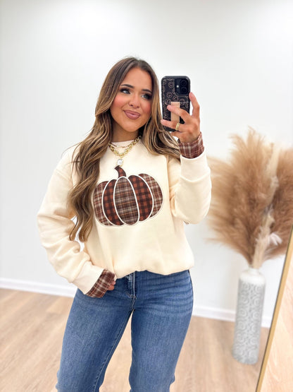 Pumpkin patchwork sweater top in ecru
