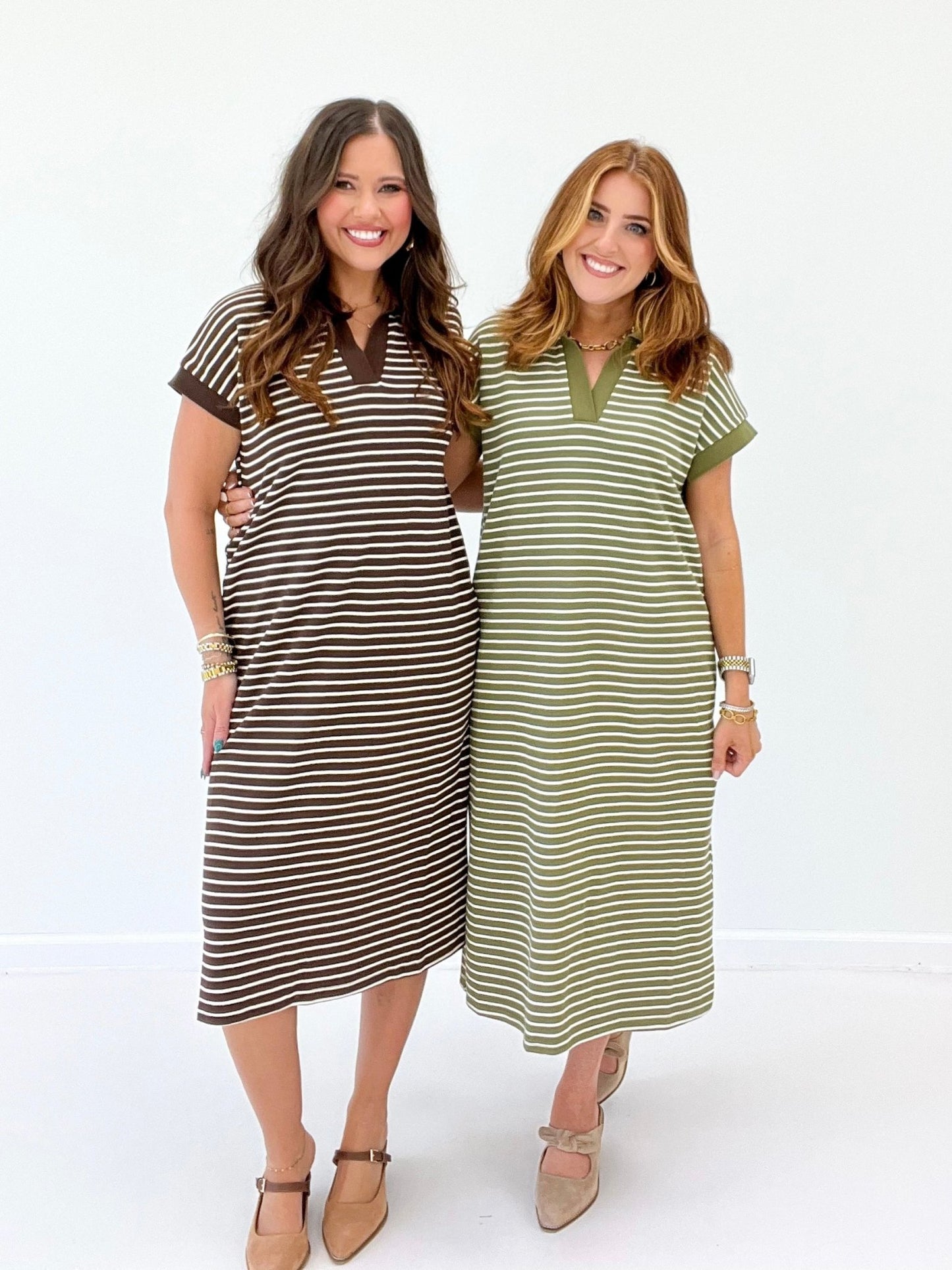 Stripe pattern on a short sleeve midi dress
