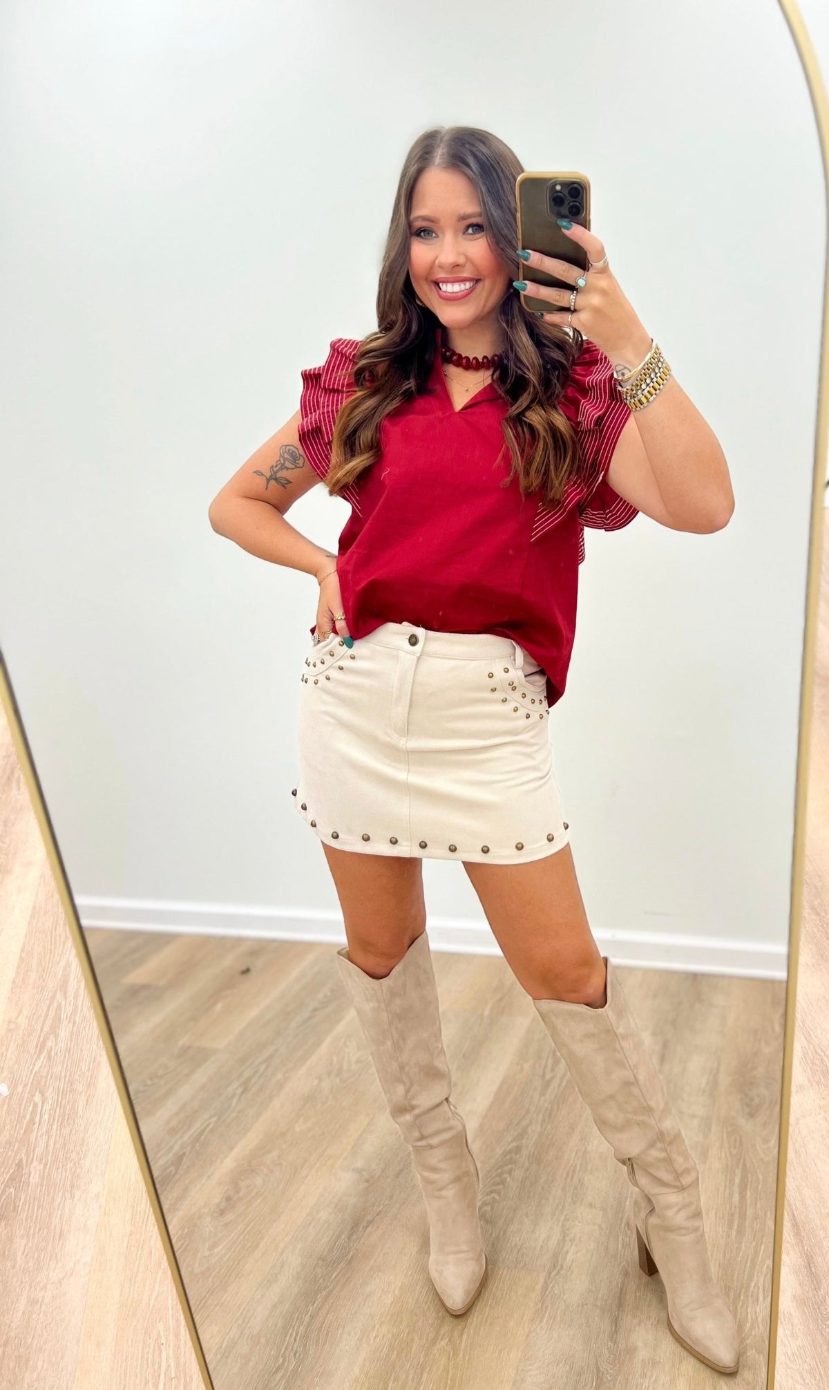 Mini skirt in suede with decorative stud trim