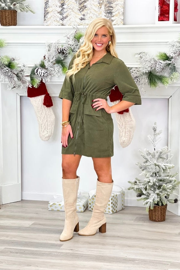 Olive Corduroy Zip Up Dress