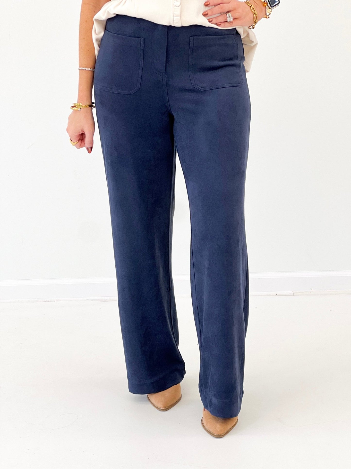 Dark navy faux suede wide leg pants