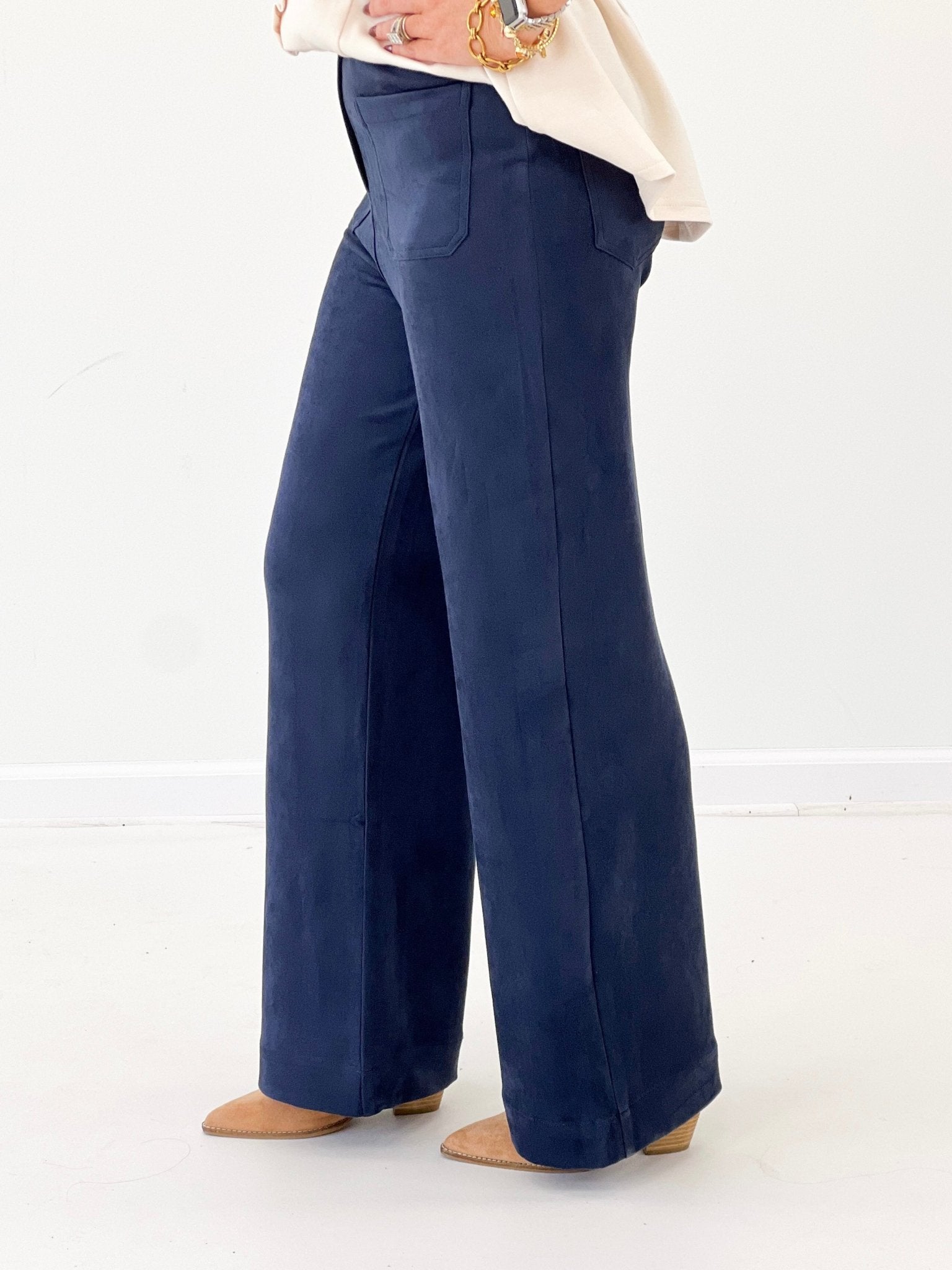 Navy suede wide leg pants with a high waist