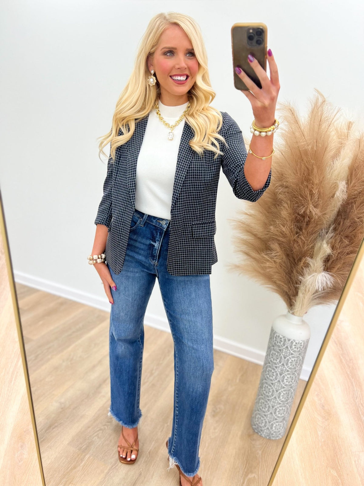 Skies Are Blue grid print blazer in navy with notched lapels
