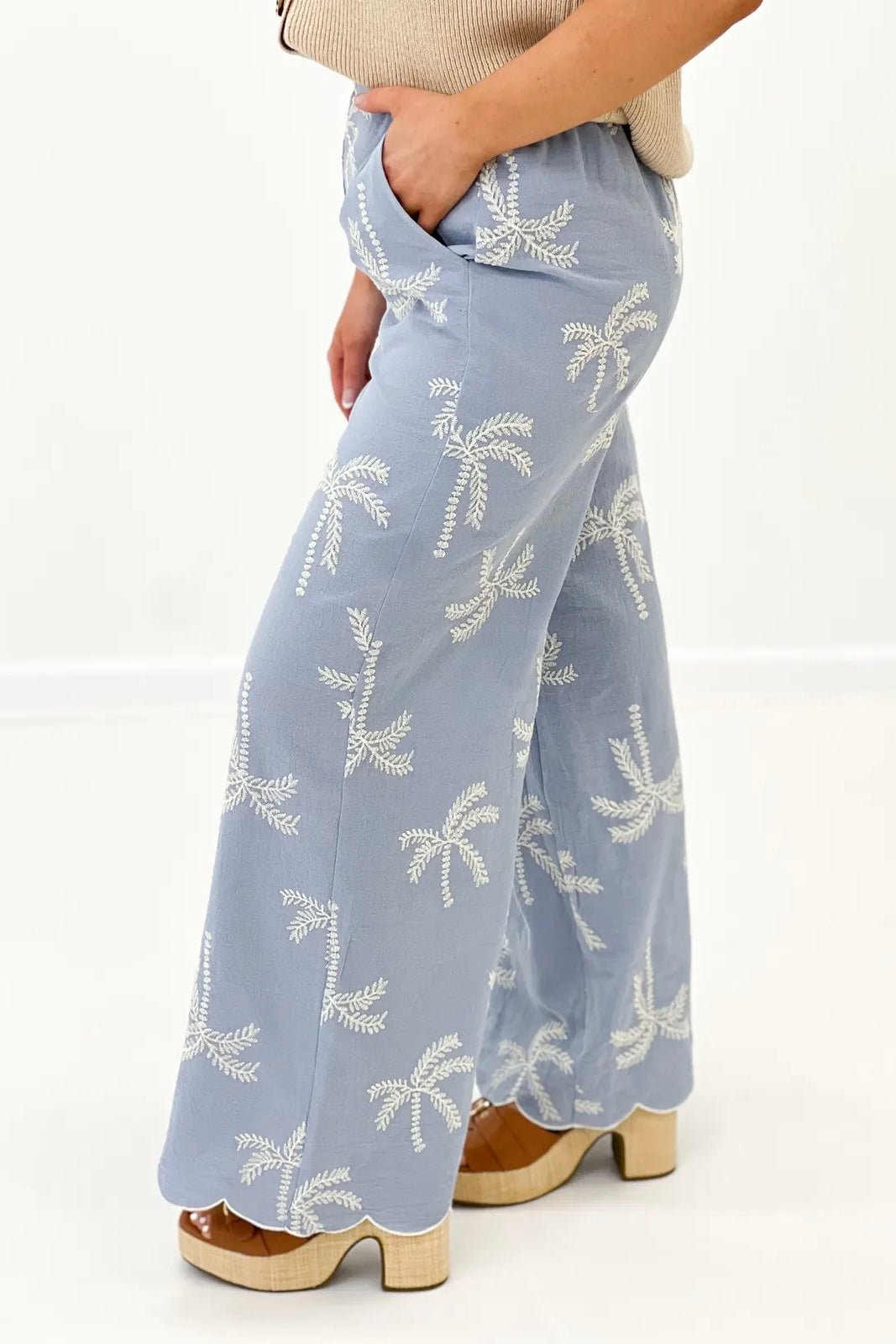 Sky Blue Palm Tree Detail Pant - Lavish Boutique Bottoms